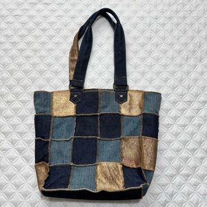 Levi's Blue and Gold Patchwork Denim Snap Closure Shoulder Tote Bag